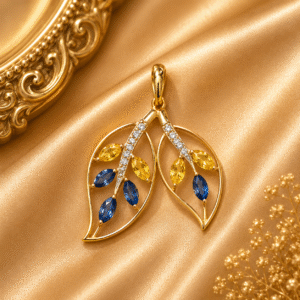 Yellow Sapphire + Blue Sapphire Leaf Pendant