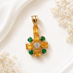 Emerald + Yellow Saphayer + Diamond Pendant