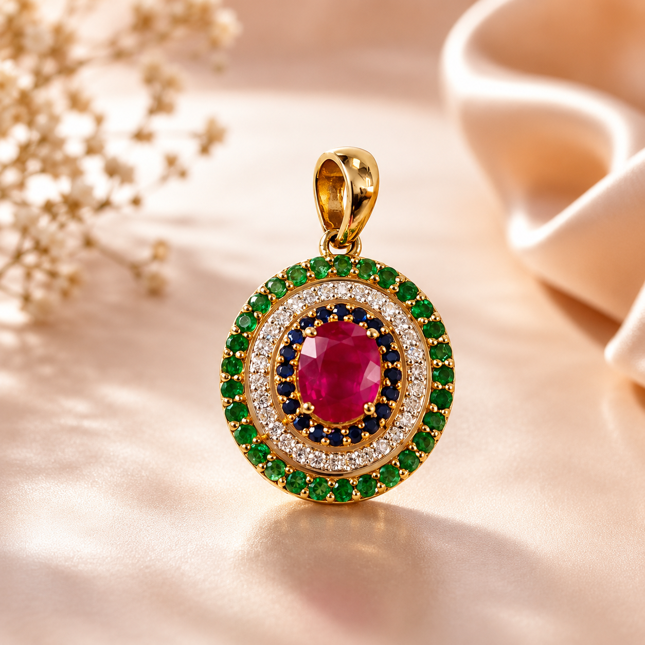 Emerald + Ruby + Diamond Pendant