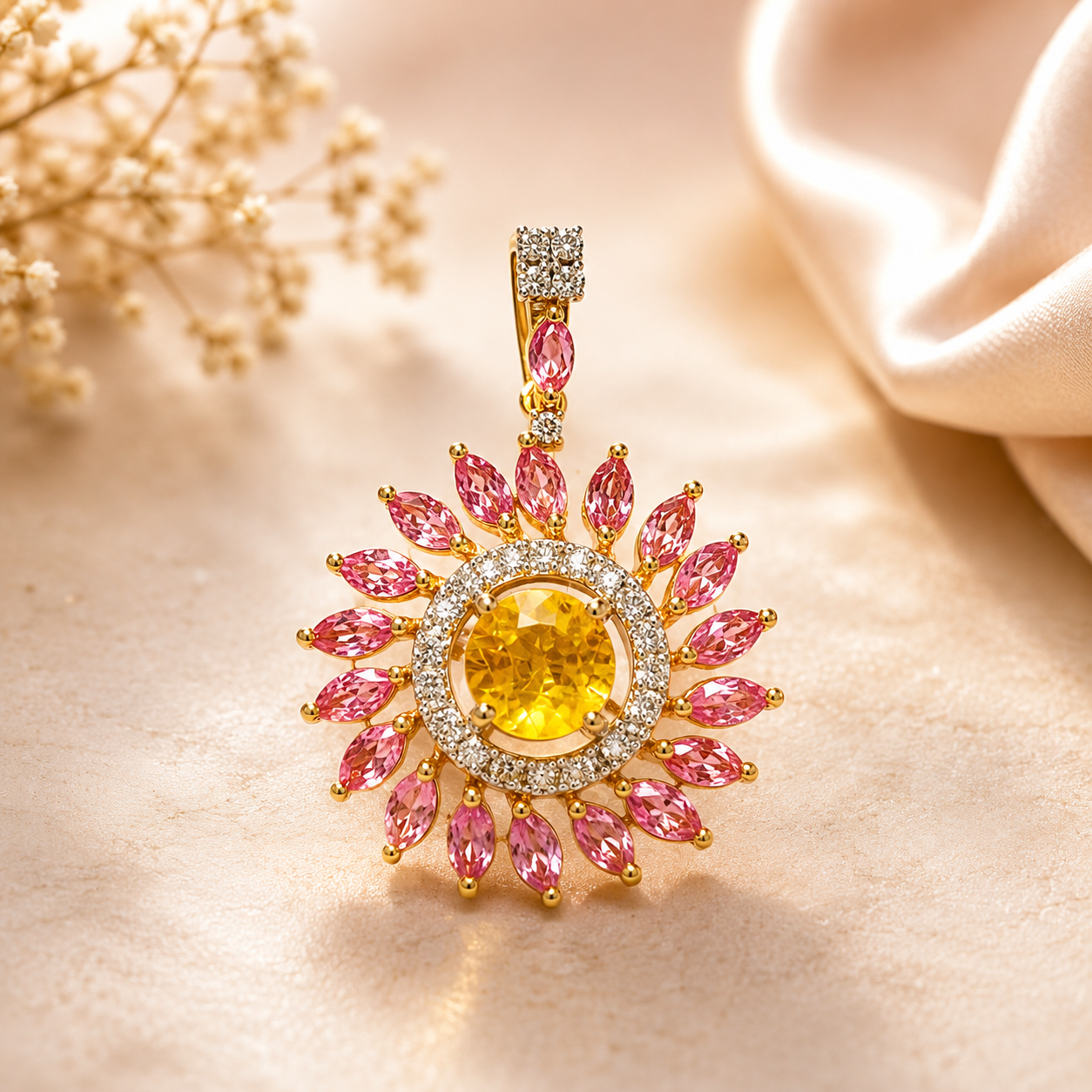 Yellow Sapphire + Pink Ruby + Diamond Pendant