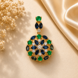 Blue Sapphire + Emerald + Diamond Pendant