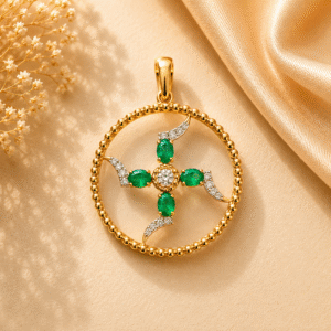 Emerald Swastik Diamond Pendant