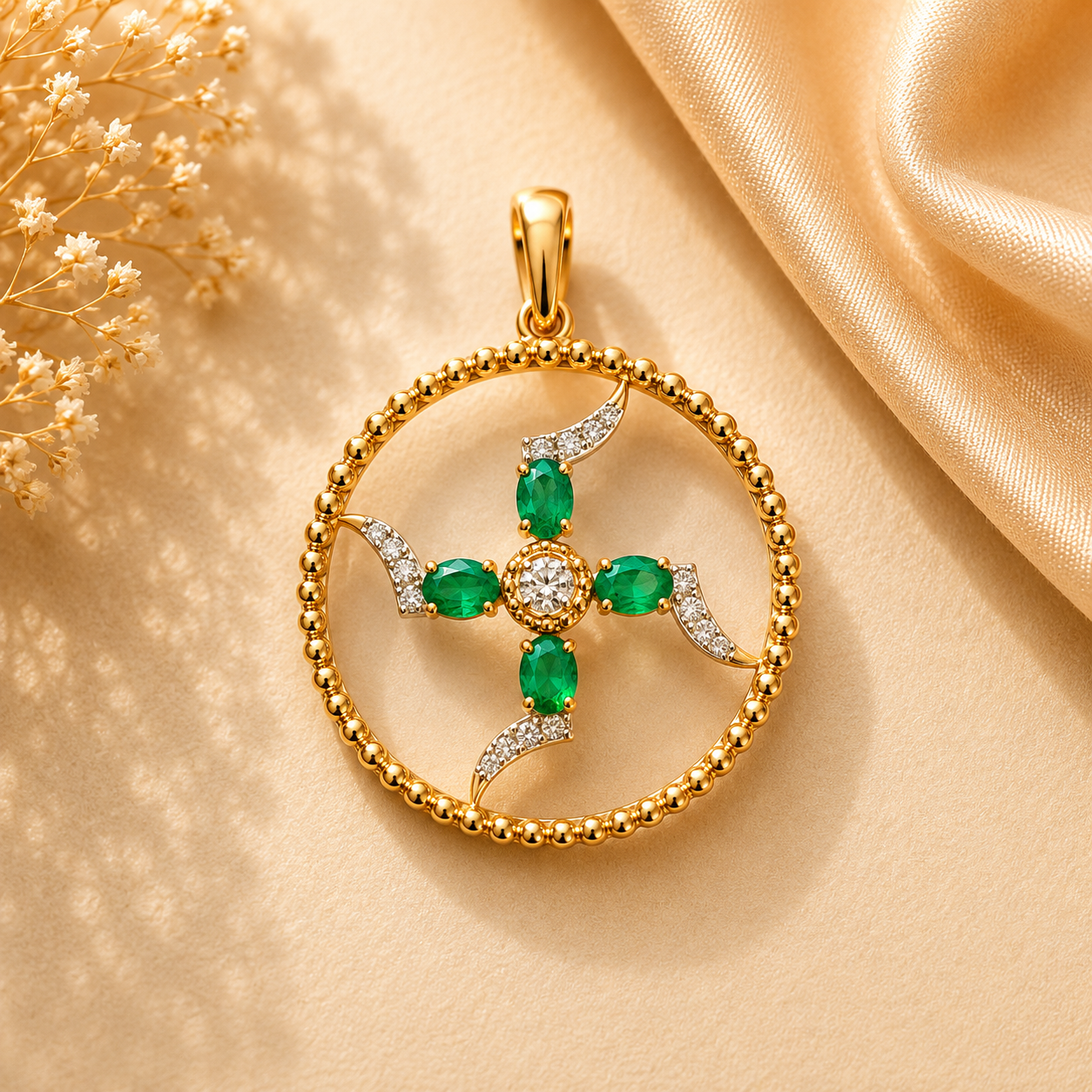 Emerald Swastik Diamond Pendant