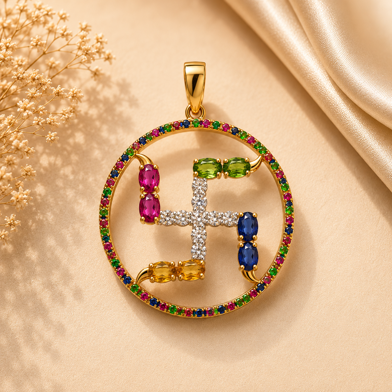 Multi Gemstone Swastik Diamond Pendant