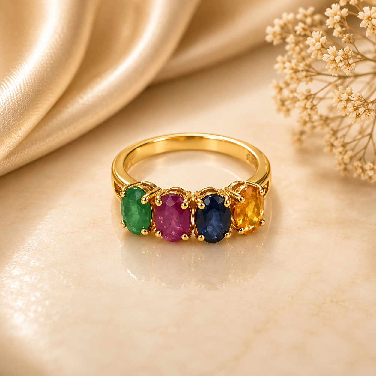 Yellow saphayer + Blue saphayer + Emerald + Diamond Ring